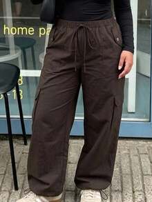 Solavibe Plus Size Women Solid Color Drawstring Waist Pocket Casual Daily Sweatpants,Brown Cargo Pants For Women,Plus Size Brown Drawstring Multi Pocket Cargo - Rust Brown - View 2