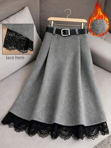 Franclia Grey Lace Patchwork A-Line Skirt, High Waist Slimming, Elegant For Commute And Everyday Wear, Autumn/Winter - Grey - View 3