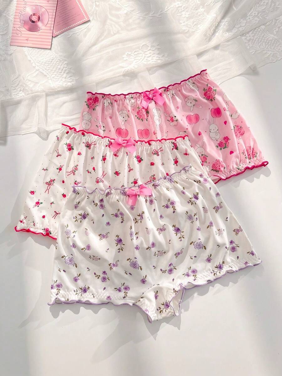 PetitDoll 3pcs Plus Size Women's Sweet Floral Frill Trim Back Waist Cute Bow Design Series Hipster Panties - Multicolor - View 1