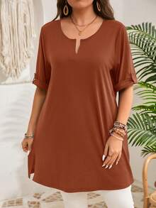 EMERY ROSE Plus Size Women's Early Spring Short Sleeve Long Length Army Green T-Shirt - Rust Brown - View 6