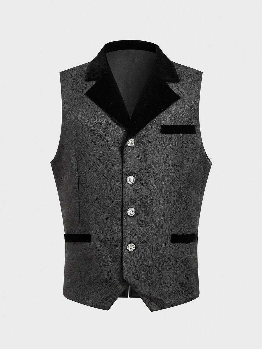 ROMWE MEN Men's Jacquard Lapel NeckSingle-Breasted Business Travel Suit Vest - Black - View 1