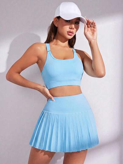 Dewbera Dewbera Women's Solid Color Cropped Top And High Waist Skort Casual Active Athleisure Daily 2-Piece Set Gym Workout Baby Blue Summer