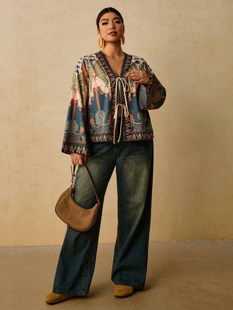 Travachic Camisa de manga larga con nudo delantero y estampado de palmeras para mujer talla grande, azul claro, estilo boho tropical, para vacaciones de otoño - Multicolor - Añade 6