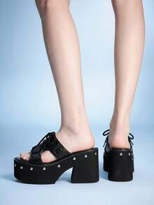 Sugerpunk Women Heeled Sandals Black Muffin Thick-Soled Outer Wear New Rivets Slip-On Wedge Heel Thick-Soled Thick-Heeled Sandals - Black - View 8