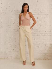 lacRébo Cream White Mid-Rise Relaxed Staight Leg Jeans With Five-Pocket Construction Cotton Brunch Summer Casual - Light Yellow - View 3