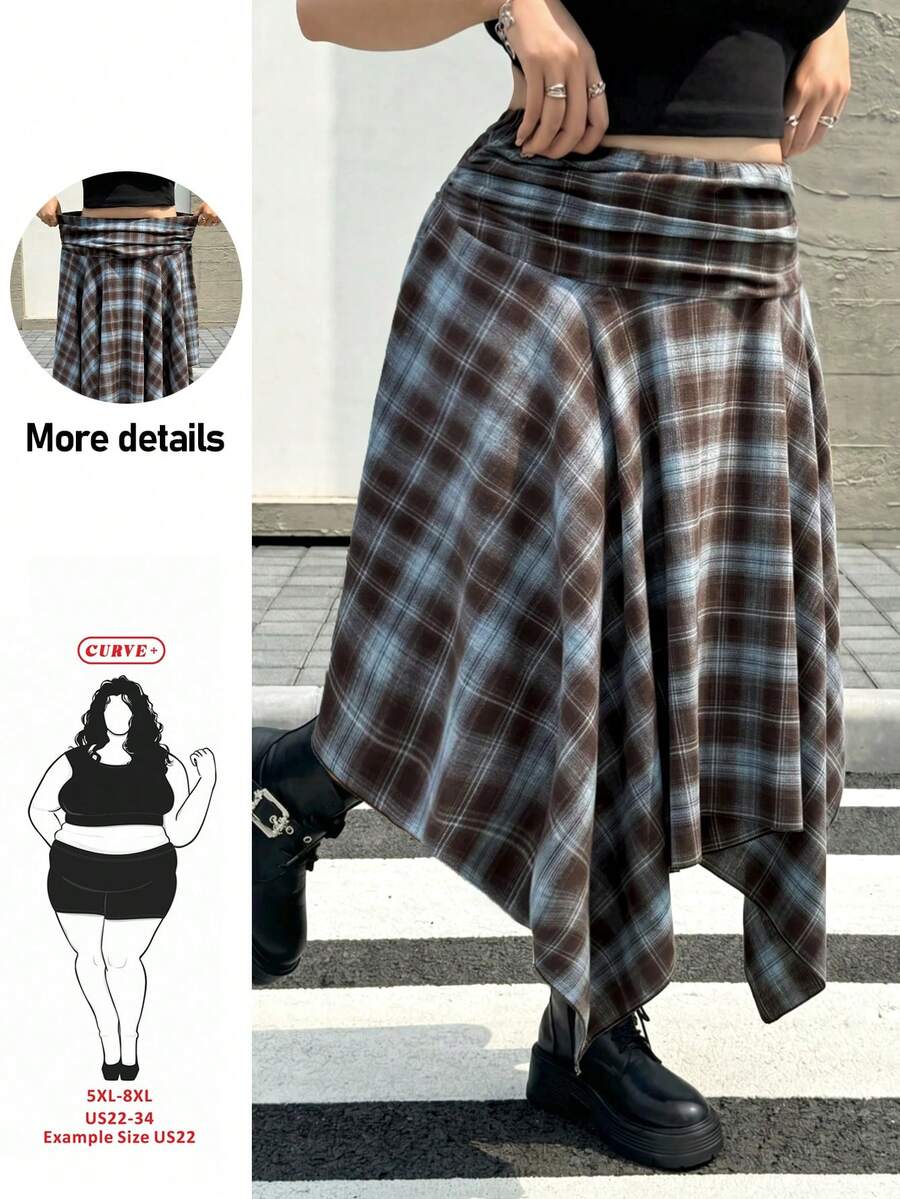 SHEIN CURVE+ 大尺碼高腰百褶不對稱下擺裙 秋季通勤約會畢業海灘正式場合 冬季 2026 22W 秋季棕色 90年代復古休閒 - 彩色 - 查看 1
