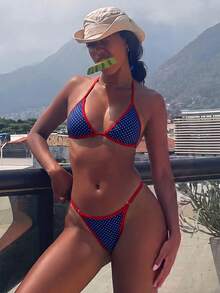 SHEIN Swim Women's Summer Beach Vacations Sexy Blue And Red Color-Block Star-Print Bikini Set - Blue - View 8