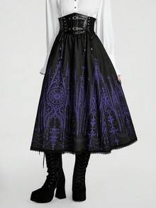Breakform Rok Wanita Kasual Punk Gothic Bermotif Bunga dan Mengembang - Hitam - View 1