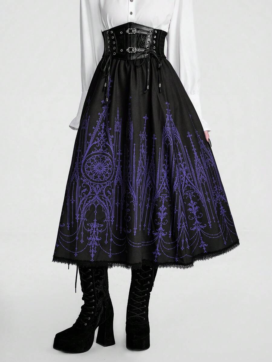 Breakform Rok Wanita Kasual Punk Gothic Bermotif Bunga dan Mengembang - Hitam - View 1