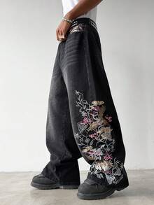 Manfinity EMRG 男士街頭風休閒刺繡黑色牛仔褲 - 黑色 - 查看 3