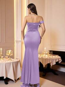 Coutiva Women's Solid Color Patchwork Sequin One Shoulder Ruched Side Slit Hem Elegant Formal Evening Gown - Mauve Purple - View 2
