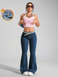 SHEIN PETITE 女款休閒日常牛仔喇叭褲，附口袋與鈕扣設計 - 寶藍色 - 查看 3