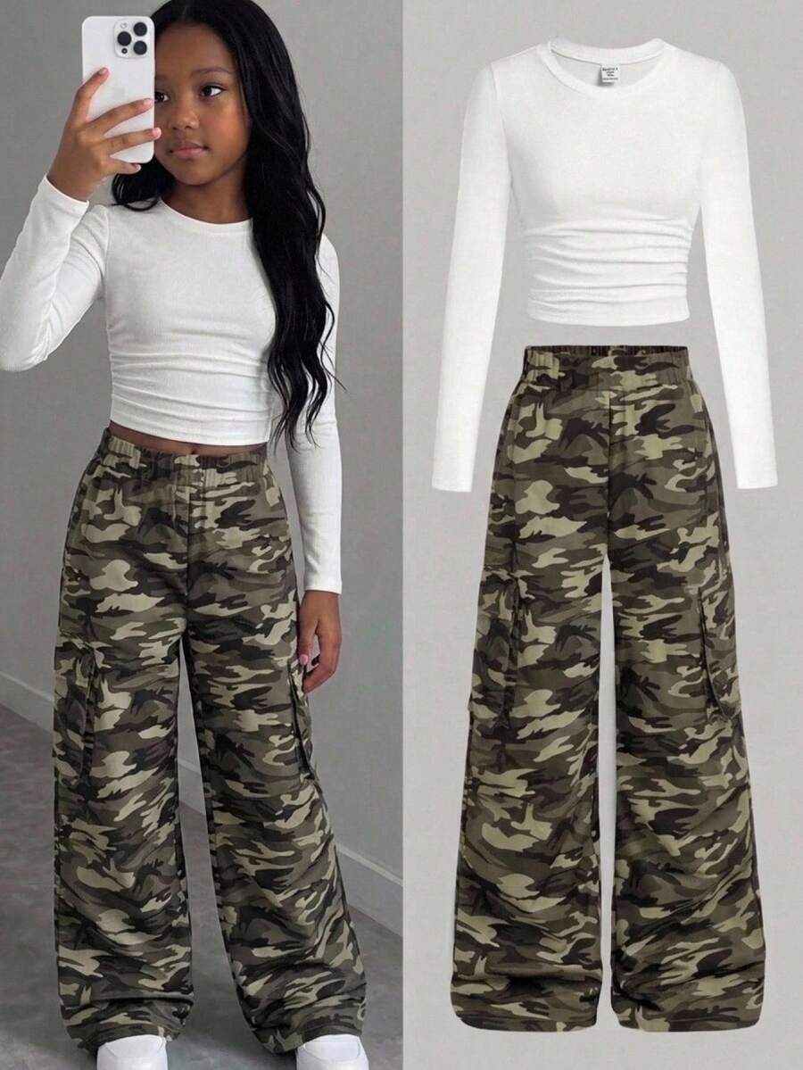 SHEIN Girlism 2pcs Tween Girl Ribbed Ruched Short Sleeve T-Shirt & Camo Print Ruched Pocket Casual Pants Set - Army Green - View 1