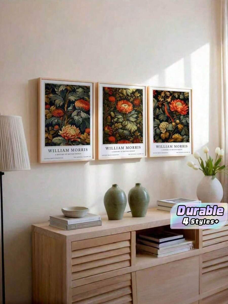 3Pcs William Morris Floral Print Canvas Wall Art – Vintage Botanical Poster Set For Living Room Office Decor, Gift (Unframed) - multicolor - View 1