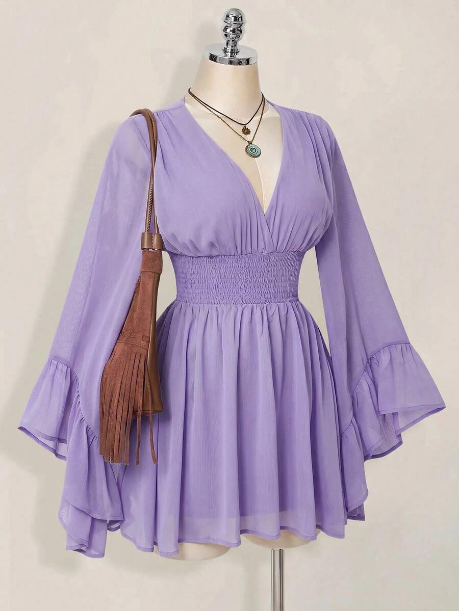 SHEIN ICON 女款純色抓皺百褶休閒派對迷你洋裝 - 紫色 - 查看 1