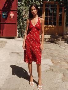 lacRébo Vintage Red Midi Dress With Diagonal Floral Print, Halter Neckline, And Open Back Elegant Style Chic - Red - View 3