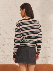 lacRébo Multicolor Striped Knit V Neck Wool Blended Cardigan Summer Autumn Casual Daily Casual - Multicolor - View 2