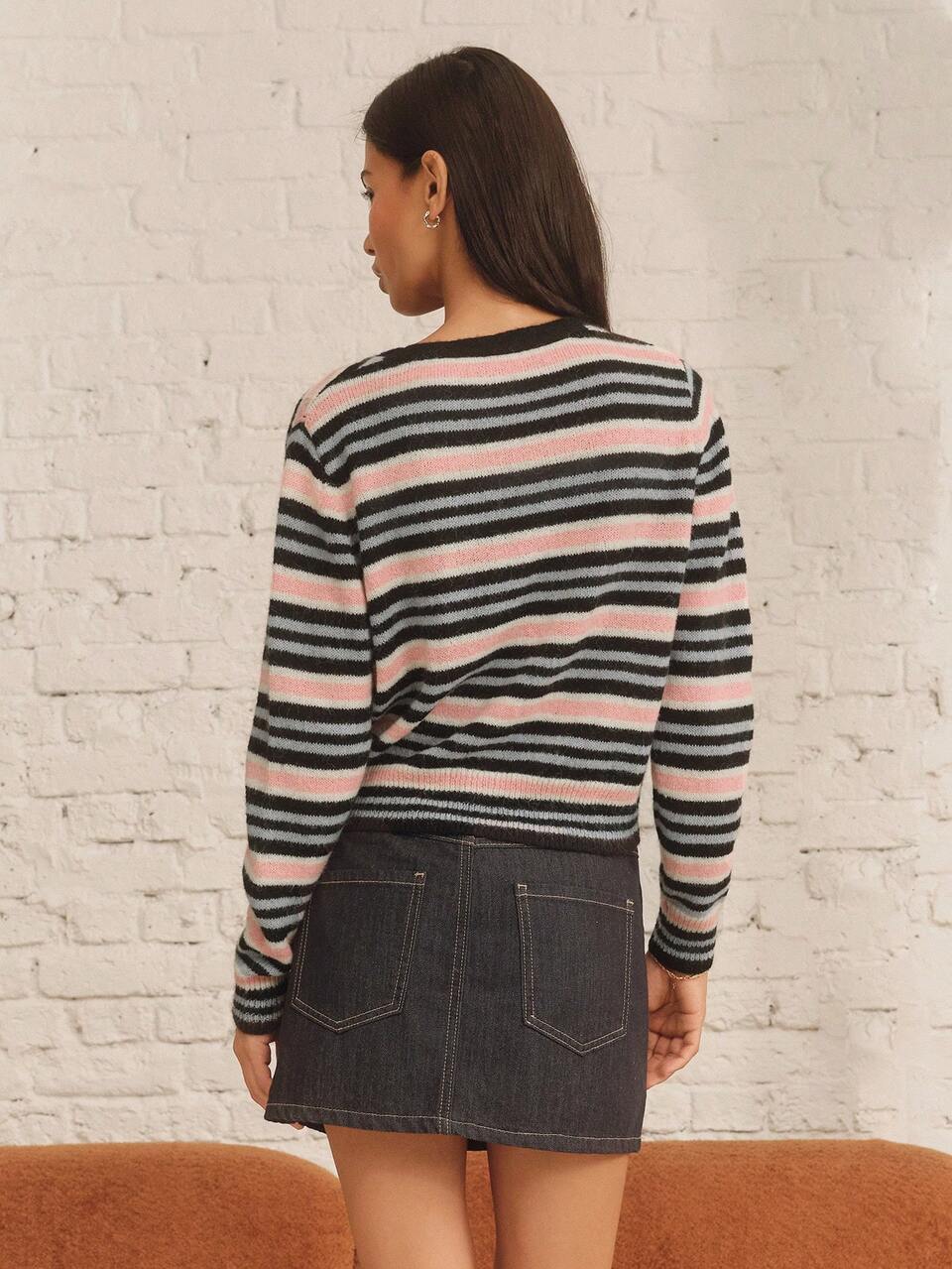 Multicolor Striped Knit V Neck Wool Blended Cardigan Summer Autumn Casual Daily Casual