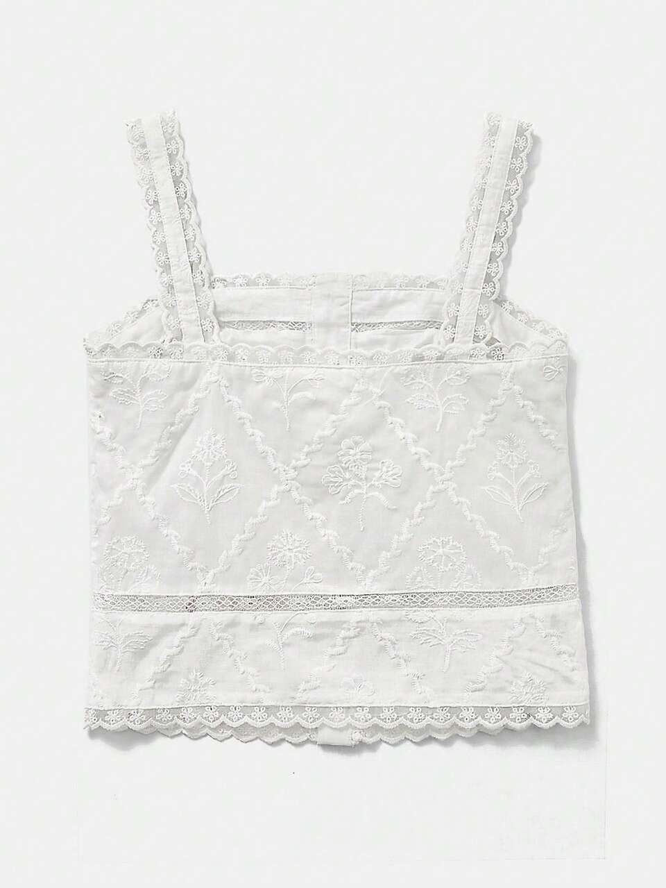 Top sin mangas bordado con ribete de encaje y detalles de borde festoneado estilo bohemio para vacaciones de verano francés