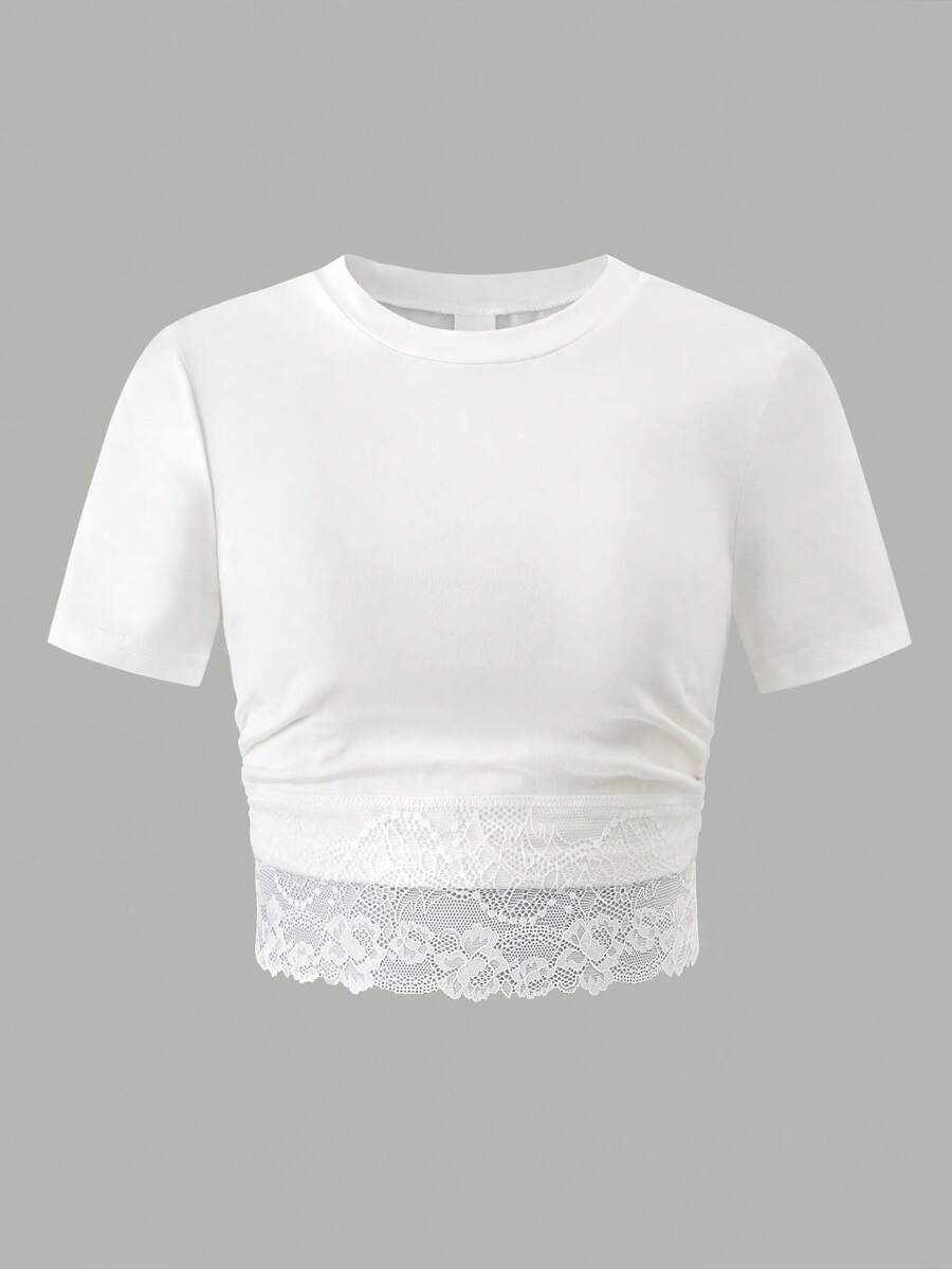 Tween Girls White T-Shirt, Knit, Casual, Fitted, Minimalist, Slim, Crop, Back To School, Ruched, Streetwear, Fall Pull Tops Squishy Summer - White - View 1