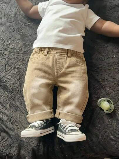 SHEIN Baby Boy Fashion Casual Y2k Vintage Cool Street Khaki Loose And Comfortable Jeans For Daily School Autumn