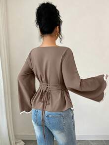 Elenzga Women's Spring/Summer 1pc Positioned Wavy Heart-Shaped Woven Ribbon Lace Trim Ruched Waist Blouse - Mocha Brown - View 2