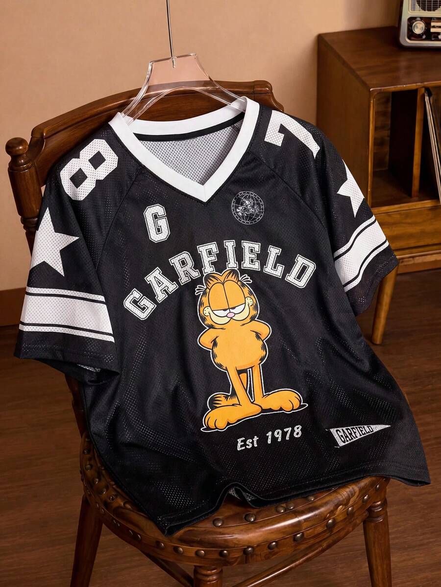 GARFIELD | SHEIN 男士时尚百搭字母印花V领短袖T恤, - 黑色 - 查看 1