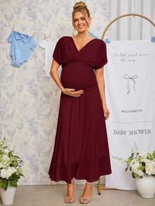 Loomaby Elegant Solid Color Maternity Party Dress - Burgundy - View 9