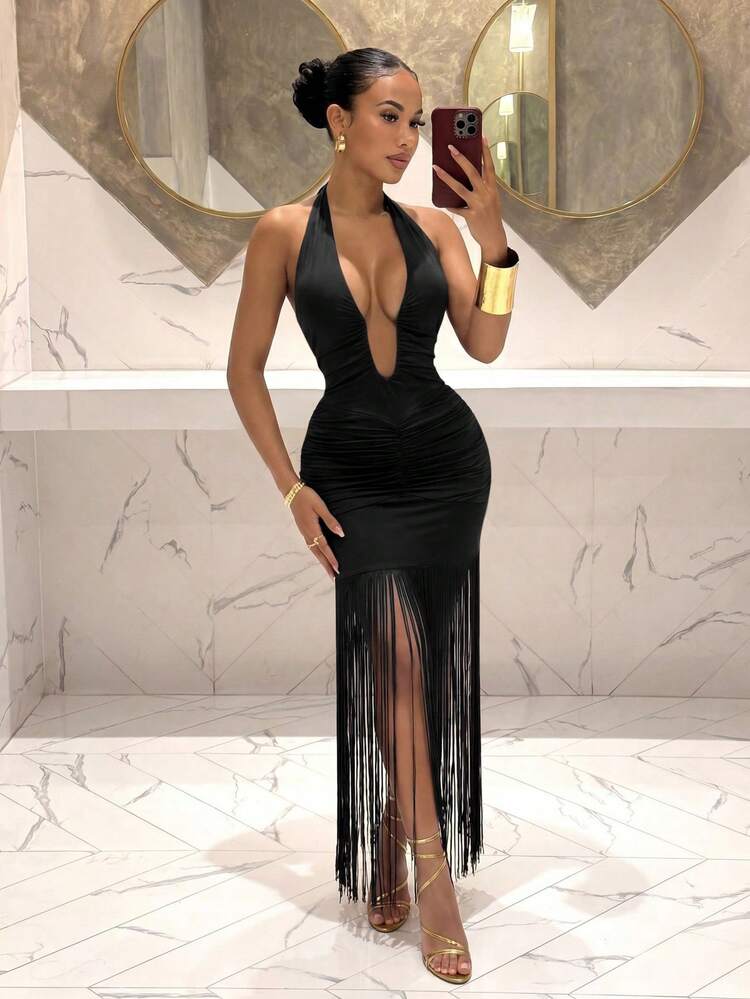 Slaydiva Halter Neck Deep U-Neck U-Neck Double-Sided Ruched Tassel Hem Brown Maxi Dress, Summer New Music Festival Valentine's Day Easter Wedding Season Beach Vacation Casual Elegant Daily Wear, Beach Party Cruise Party Y2K Sexy Women's Extra Long Dress - Black - View 1