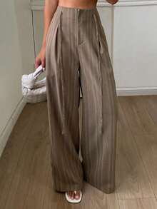 Livesso Women's High Waist Brown Striped Vertical Tie Waist Loose Straight Leg Wide Leg Casual Long Pants Autumn Office Business - Coffee Brown - View 3