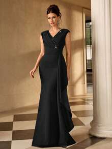 Coutiva 純色拼接亮片美人魚下擺優雅高貴正式晚宴新娘婚禮賓客母親晚禮服黑色秋季 - 黑色 - 查看 3