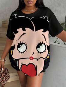 Betty Boop x SHEIN 大尺碼夏季休閒卡通印花T恤 - 白色 - 查看 7