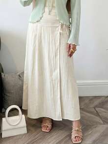 Solavon Women's Solid Color Tie-Waist Elegant Commuter Skirt - Apricot - View 7