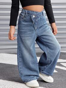 SHEIN Young Girl Young Girl Young Girl Young Girl Asymmetrical Waistband Pocket Wide Leg Loose Casual Denim Jeans Autumn Winter - Light Wash - View 2