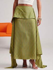 NYA SZN Skirt Maxi Length Gingham Tiered Layered Fit And Flare Plaid Picnic Brunch Casual Everyday Street Style Summer Statement Unique Blue Outfits For Women - Yellow - View 2