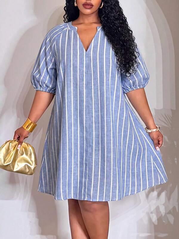 Slaydiva New Summer Style, Birthday Party, Daily Wear, Versatile Basic, Casual, Vacation, Cruise Travel, Beach, Seaside, Sunbathing, V-Neck Shirt Dress, Woven Fabric, Women's Plus Size Mini Dress-B