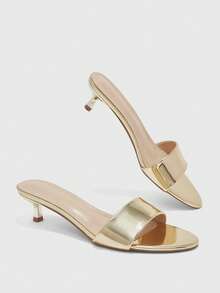 CUCCOO BIZCHIC Summer New Round Toe Mid-Heel Gold One-Piece Women's High-Heeled Sandals Slippers Daily Versatile Simple Commute All-Match Toe Dew Women's Sandals - Iron plate light gold - View 10