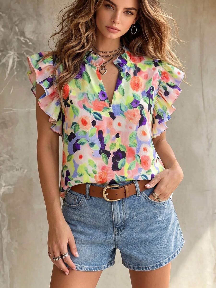 SHEIN Franclia 花卉印花装饰,浪漫假日度假风格女士V领短袖衬衫 - 彩色 - 查看 1