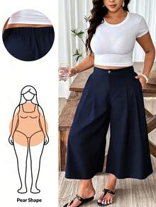 SHEIN PETITE CURVE 大尺碼女款休閒寬鬆亞麻七分褲，適合海灘、早午餐、辦公室、正式場合與居家穿著，海軍藍，夏季 - 藏蓝色 - 查看 3
