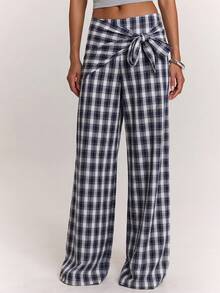SHEIN BAE Women's Casual Daily Wear Versatile Brown Plaid Scarf-Style Loose Wide Leg Long Pants/Plaid Long Pants/Casual Long Pants/Wide Leg Long Pants/Work Long Pants/Outing Long Pants/Airport Long Pants/Vintage Long Pants - Navy Blue - View 6