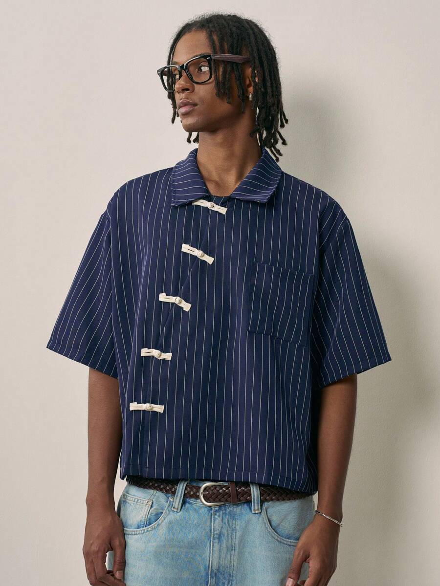 Sonviro Men's Summer Casual Vacation Daily Commute New Chinese Style Contrast Color Button Front Striped Print Short Sleeve Shirt - Blue - View 1