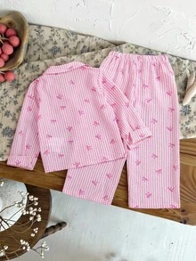 Young Girl Autumn/Winter Striped Bow Collar Long Sleeve Shirt And Pants Set, Suitable For Home And Outdoor Wear, Casual Back To School Long Sleeve Top - Pink - View 2