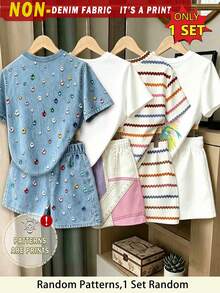 Conjunto de camiseta corta básica y pantalones cortos con estampado de rayas y patchwork floral fresco para niñas - Multicolor - Ver 2