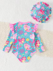 Baby Girl Cartoon Mermaid Print Patchwork Ruffle Trim One-Piece Swimsuit - Multicolor - View 2