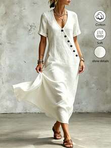 Ceyna New Plus Size Women's Summer Casual Boho Casual Formal Pure Cotton V-Neck Asymmetric Hem Short Sleeve Loose Long Dress Vacation White Vacation Formal - White - View 5