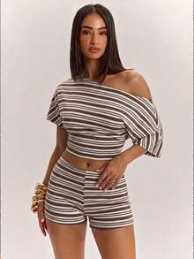 SHEIN BAE 女款條紋拼色不對稱單肩上衣與短褲休閒日常兩件套 - 彩色 - 查看 6