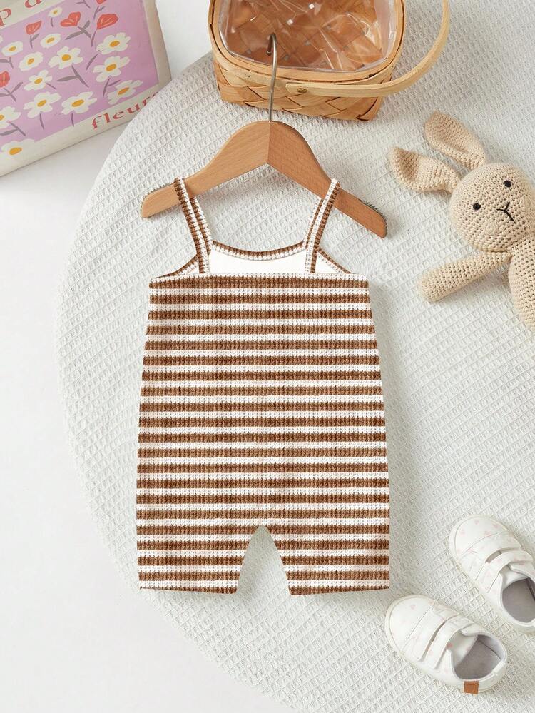 [Random 3pcs, Send 1pc] Vintage Cute Comfortable Brown Stripe Floral Series, Baby Girl Casual Romper For Spring/Summer, Easy Comfort, Chill - Multicolor - View 2