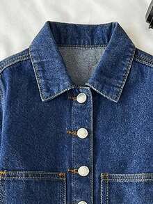 SHEIN 女童深藍色牛仔短夾克與裙子2件套 - 中等水洗藍 - 查看 6