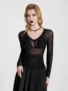 Breakform Gothic Halloween Sexy Dark Romantic Lace-Panel Sheer Black Top/T-Shirt – Versatile & Slimming Fit - Black - View 1