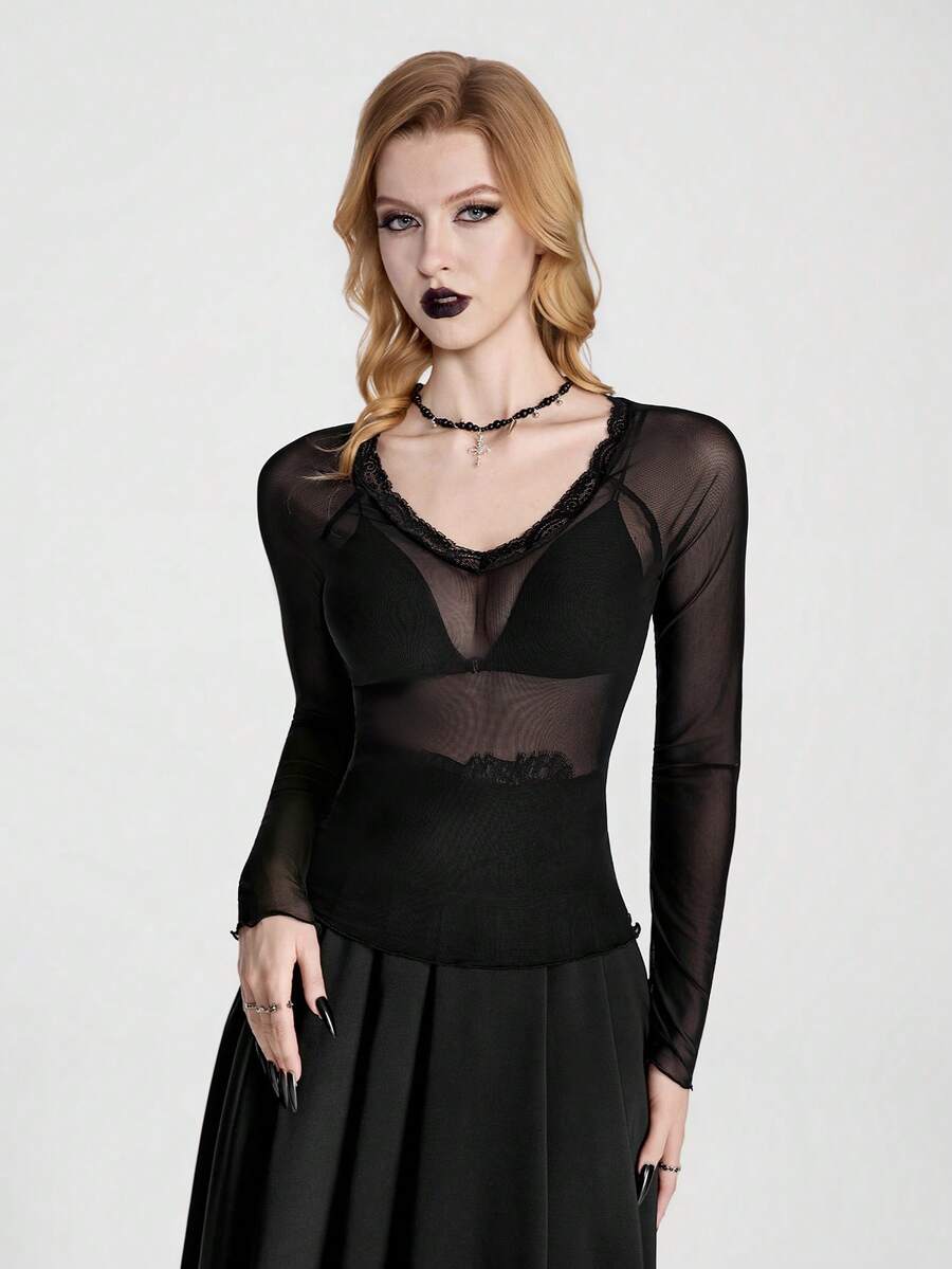 Breakform Gothic Halloween Sexy Dark Romantic Lace-Panel Sheer Black Top/T-Shirt – Versatile & Slimming Fit - Black - View 1